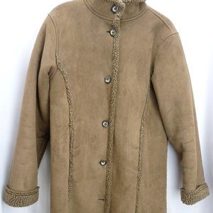 LL Bean Womens Jacket Coat Faux Suede Sherpa Lined Brown Pockets Warm Medium